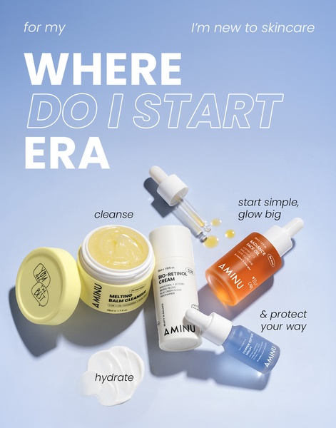 A flat-lay product arrangement featuring essential skincare items with clear, minimalist text overlays that guide beginners through a simple routine.