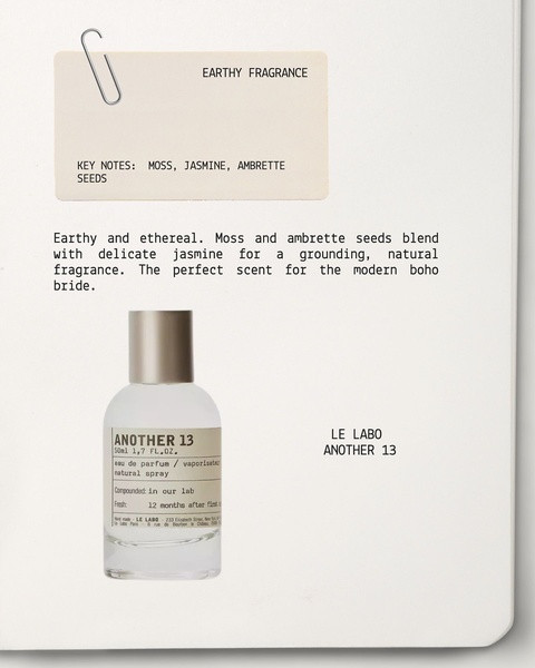 A clean, minimalist product spotlight featuring a perfume bottle next to an index card describing its key fragrance notes.