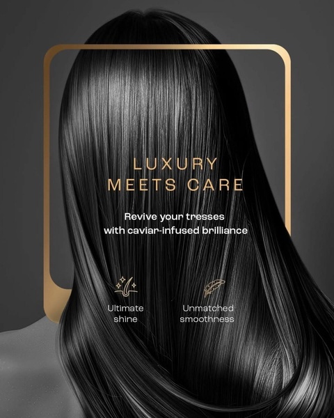 A high-end hair care advertisement utilizing minimalist gold typography on a stark, dark background to emphasize hair quality and shine.