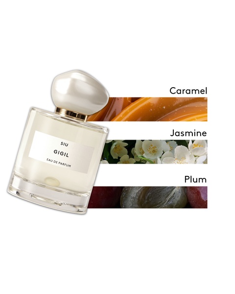 A clean, minimalist product display showcasing the core scent notes of the perfume bottle through distinct visual ingredient segments.