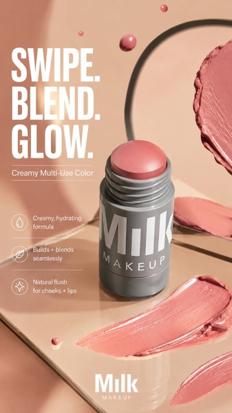 A high-contrast, minimalist ad showing a creamy multi-use stick with product smears to highlight texture and color payoff.