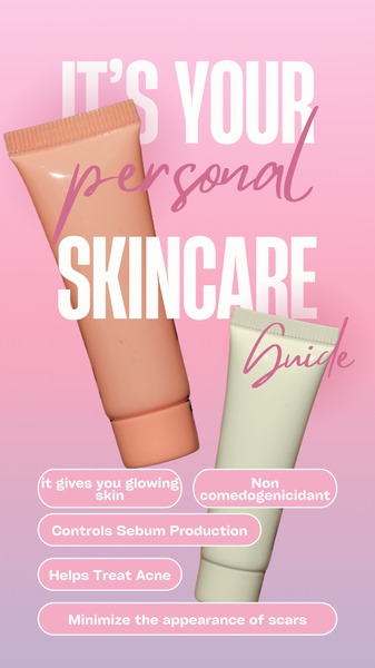 A vertical graphic ad featuring two skincare tubes with clean, benefits-driven text overlays against a soft pink gradient background.