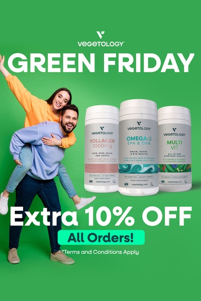 A seasonal promotion for a range of plant-based vitamins featuring a bright green background and a clear, bold percentage-off discount.