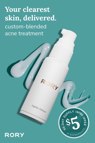 A minimalist, high-contrast ad featuring a bottle of Nightly Defense acne treatment with a clear, direct monetary incentive for new customers.