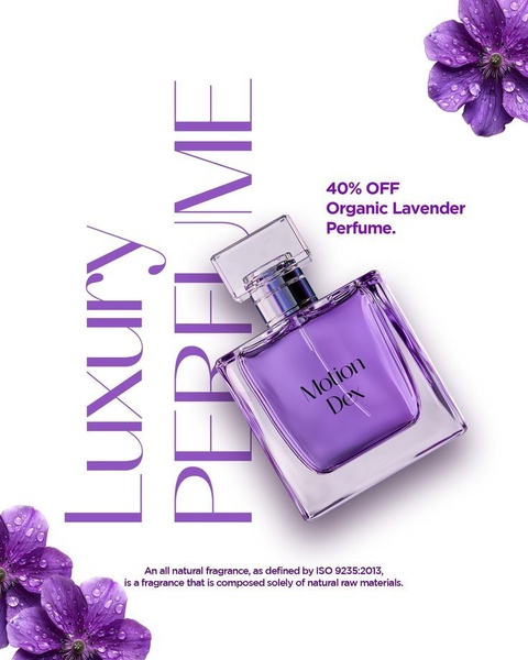 A high-end product display for a lavender perfume, featuring organic floral elements and a clear 40% discount offer.