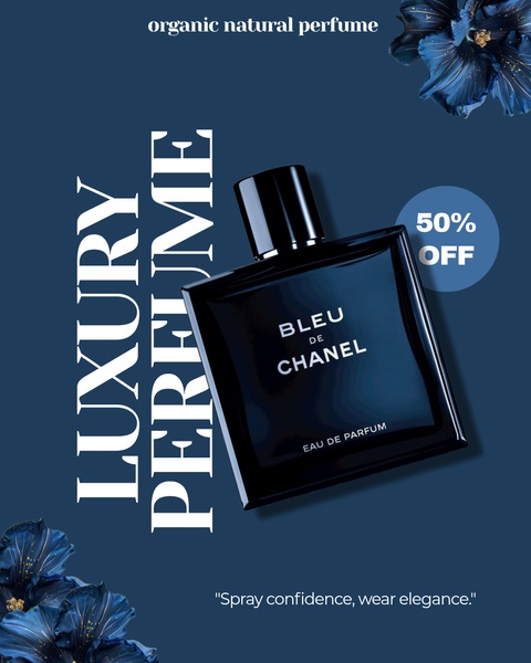A high-end, minimalist advertisement for perfume featuring a 50% discount offer set against a deep blue background with floral accents.