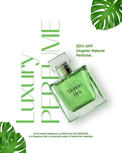 A high-end product display for an all-natural perfume, highlighting a 30% discount through clean typography and botanical accents.