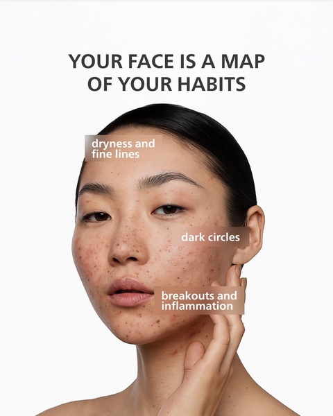 A clean, clinical, and high-contrast diagnostic graphic that maps common skincare issues directly onto a model's face to trigger customer self-diagnosis.