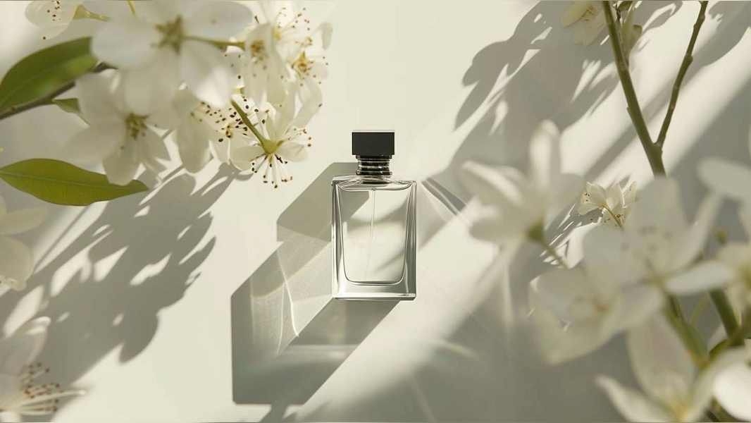 A high-end studio photograph featuring a glass perfume bottle surrounded by white flowers with soft, natural light casting elegant shadows.