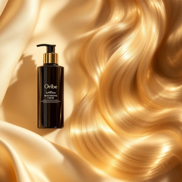 A high-end studio shot of a moisturizing creme bottle resting on flowing golden silk fabric to convey premium quality.