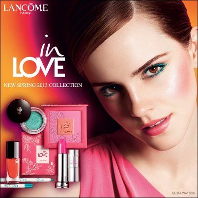 A high-fashion cosmetic promotional ad featuring a celebrity spokesperson alongside a curated collection of makeup products.