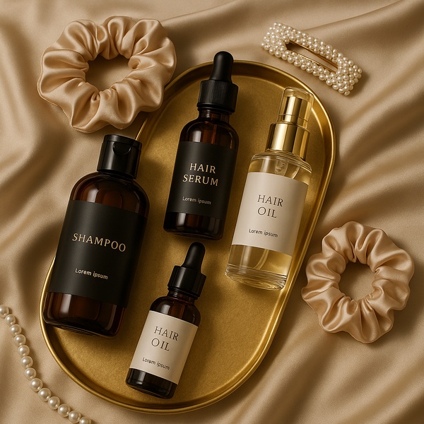 A high-end flat lay composition featuring branded hair serum, shampoo, and hair oil bottles on a gold tray with silk fabric and accessories.