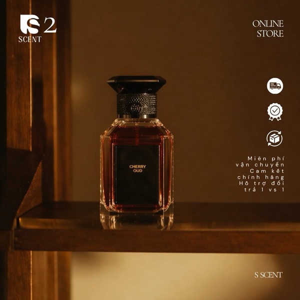 A refined product hero shot featuring a perfume bottle on a wooden shelf with essential shopping icons and store promises.