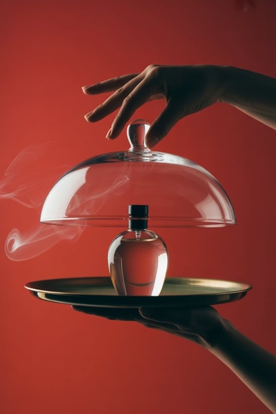 A high-end, minimalist shot of a perfume bottle being unveiled from under a glass cloche on a silver tray.