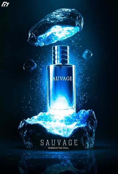 A high-end product hero shot featuring a perfume bottle centered within ice crystals, utilizing deep blue lighting and a frozen, mysterious atmosphere.