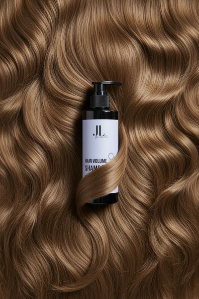 A high-quality studio shot of a Hair Volume Shampoo bottle integrated into a wave of luxurious, shiny brown hair to emphasize volume and texture.