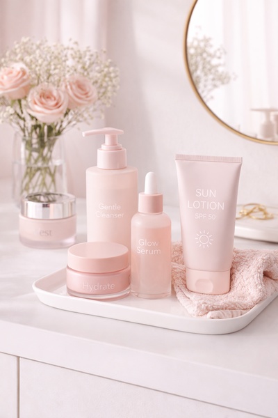 A high-quality studio shot of a skincare product set, including cleansers, serum, and sunscreen, arranged elegantly on a tray against a soft-focus background.