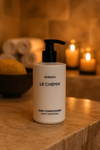 A high-end product photography shot of a hair conditioner bottle set against a warm, candlelit background to create an aura of luxury and relaxation.