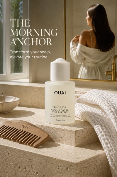 A minimalist lifestyle shot of a scalp serum bottle positioned on a stone vanity, framed by a soft, warm, morning-lit bathroom scene.