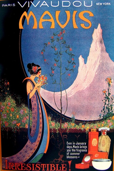 A sophisticated perfume ad using an Art Nouveau illustration style to evoke feelings of timeless elegance and seasonal freshness.