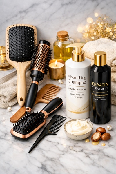 A high-end, professionally styled product shot featuring a hair care set including shampoo, keratin treatment, brushes, and combs on a marble surface.