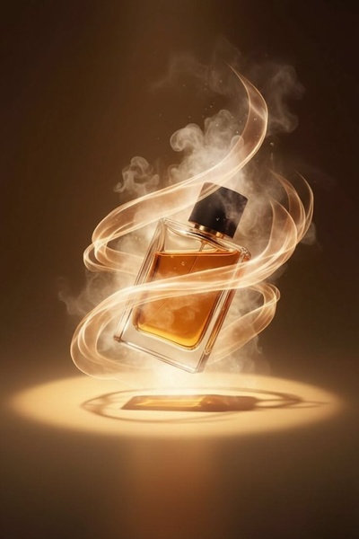 A high-end, studio-lit perfume bottle surrounded by swirling ethereal smoke and warm, golden lighting to create a premium, mysterious brand aura.