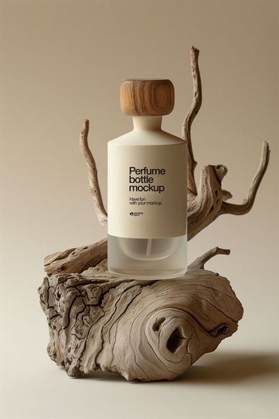 A high-end, minimalist product shot featuring a perfume bottle placed on a piece of weathered driftwood against a neutral background.