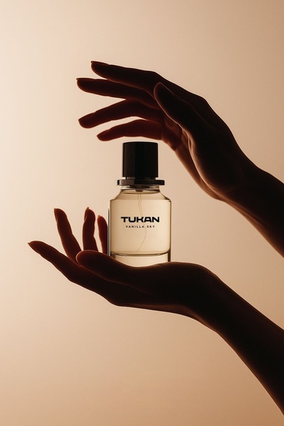 A high-end, artistic product shot of a perfume bottle held between two silhouettes of human hands against a warm, gradient background.