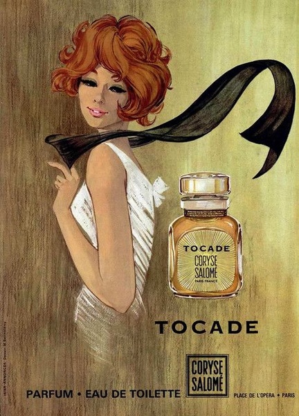A classic, stylized illustration of a woman with a flowing scarf, highlighting a glass perfume bottle in a warm-toned, artistic setting.