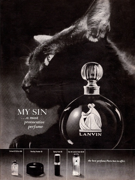 A high-contrast advertisement for My Sin perfume featuring an elegant black cat silhouette and a clear, minimal product display.