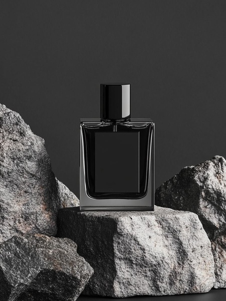A high-end product photography shot featuring a square fragrance bottle placed between two jagged gray stones, emphasizing a premium, earthy brand identity.