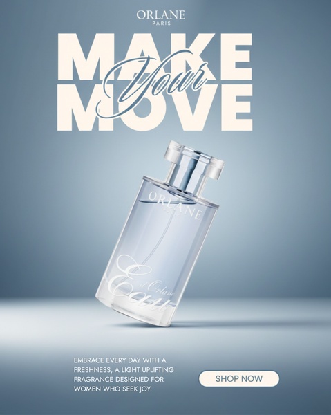 A clean, high-end hero shot of a perfume bottle against a soft blue gradient background with bold, centered typography.