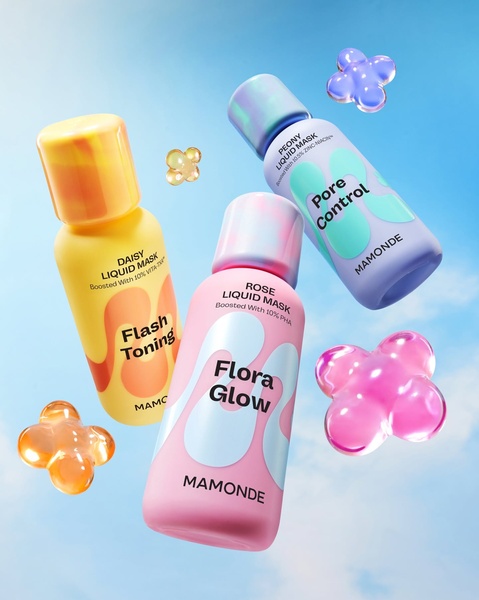 This creative showcases three different liquid mask bottles suspended in a bright, airy blue sky environment, surrounded by colorful 3D abstract shapes.