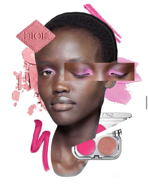 A high-fashion, artistic collage featuring a model with pink eyeshadow, broken cosmetic pigment, and an open makeup compact.