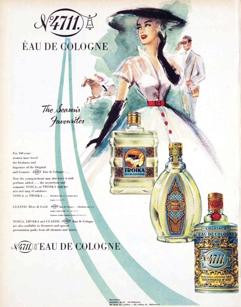A classic illustrative ad layout featuring a sophisticated woman and three perfume bottle variations with elegant typography and a clear seasonal message.