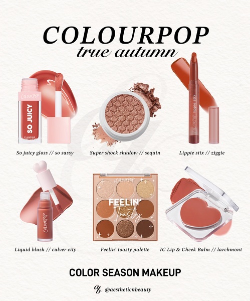 This flat lay creative displays a curated collection of seasonal makeup products grouped by their specific color palette and tonal harmony.