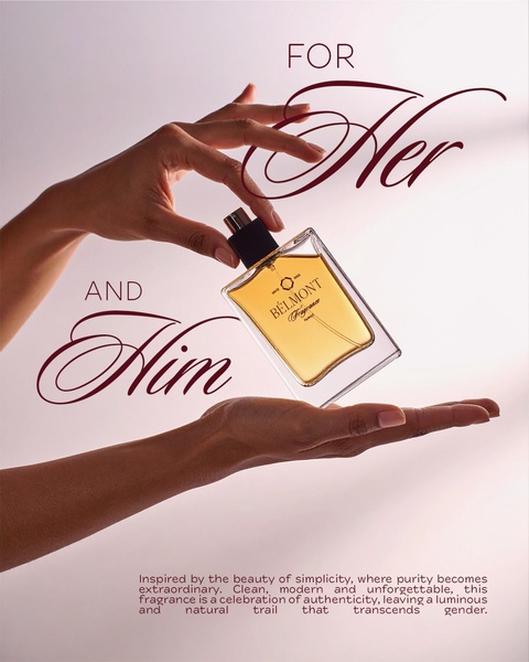 A high-end, clean product shot of a perfume bottle held by two people, emphasizing a modern and inclusive brand identity.