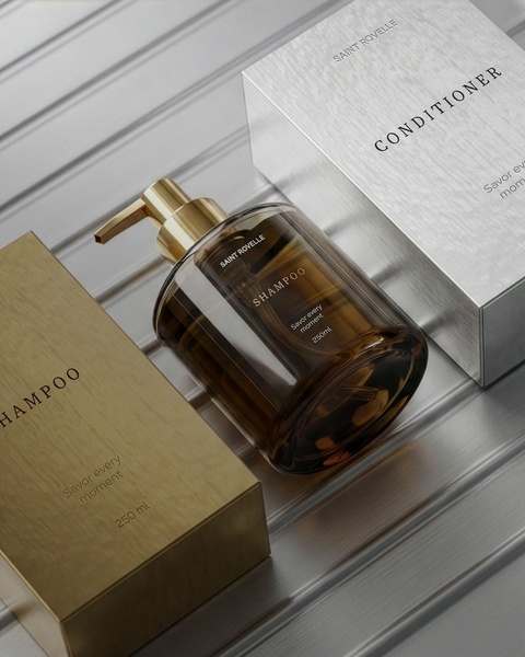 A high-end product hero shot featuring a branded shampoo bottle and conditioner box set against a clean, industrial metallic background.