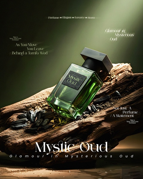 A high-end product shot of a perfume bottle resting on raw wood and charcoal, featuring moody, high-contrast forest-green lighting.