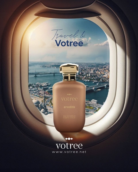 This creative displays a luxury perfume bottle placed in front of an airplane window, overlooking a sprawling cityscape to evoke a sense of travel and sophistication.