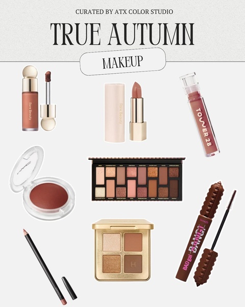 A curated collection of beauty products featuring warm, earthy tones specifically selected for a True Autumn color season.