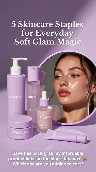 A flat-lay product hero creative showcasing five skincare bottles centered around a circular mirror frame reflecting a model with glowing, soft-glam skin.