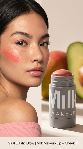 A split-screen composition featuring a model with a fresh, dewy makeup look alongside a single product unit, framed by subtle fruit imagery to emphasize organic ingredients.