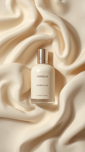 A premium perfume bottle sits centered on soft, off-white draped silk fabric, creating a sense of luxury and minimalist elegance.