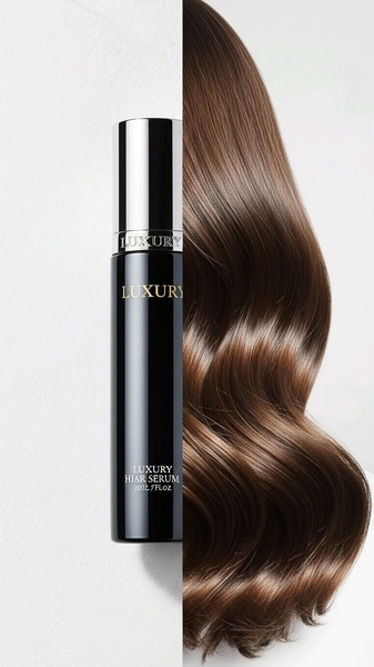 A vertical split-screen ad creative displaying a luxury hair serum bottle on the left and a close-up of healthy, shiny hair on the right.