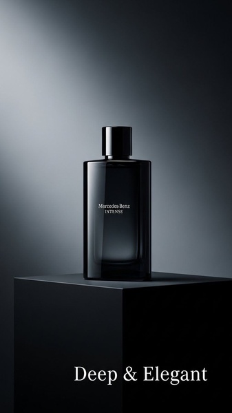 A high-contrast, moody product shot of a black perfume bottle on a pedestal, emphasizing a premium and sophisticated brand aesthetic.