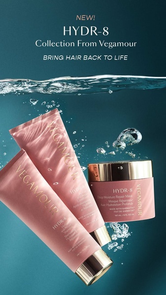 A high-end product hero shot featuring hair repair products submerged underwater with soft lighting and professional product positioning.