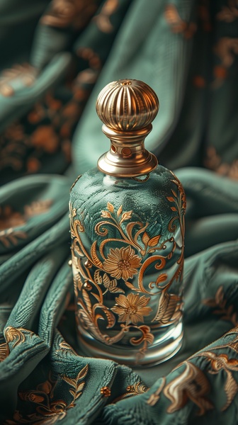 This creative showcases a premium perfume bottle centered against a lush, textured silk backdrop, emphasizing a refined and sophisticated brand presence.