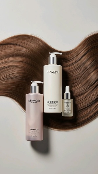 A high-end visual showcase featuring shampoo, conditioner, and serum bottles arranged against a backdrop of flowing, healthy-looking hair.