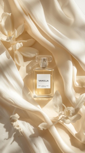A high-end, minimalist studio photograph featuring a perfume bottle centered against draped white silk and soft white florals.